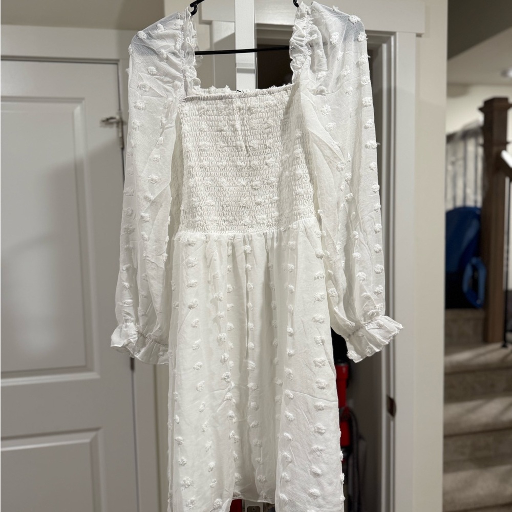 White Textured Long Sleeve Dress